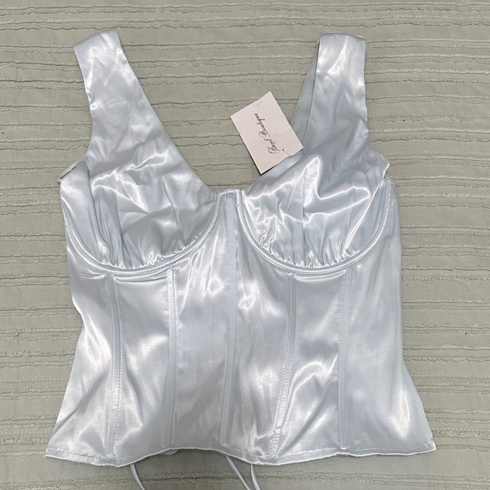 Hazel Boutique Satin Corset Top in Light Blue